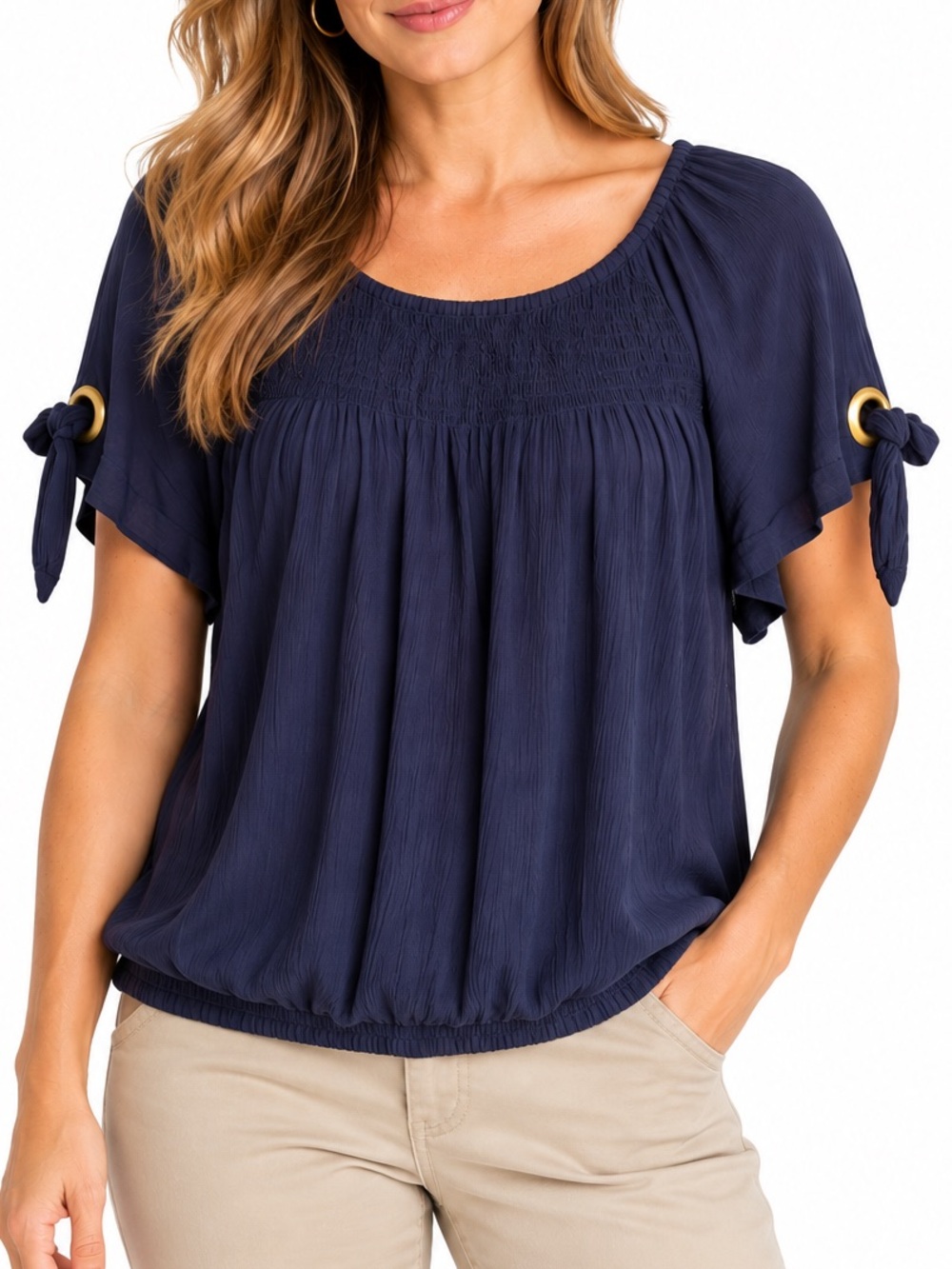 Westport Short Sleeve Blue Tied Sleeve Smocked Top Size 1X